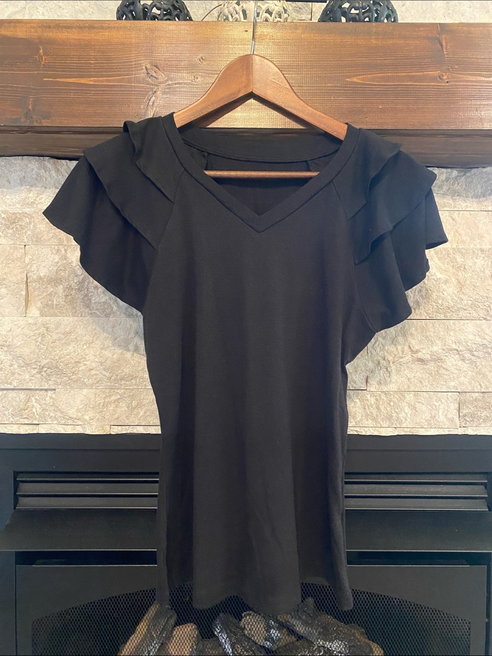 Black Ruffle Sleeve V-Neck Top